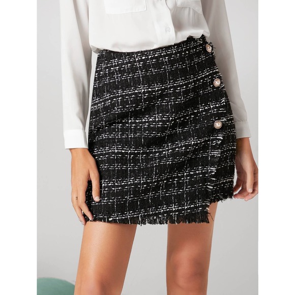 High Waist Plaid Pattern Raw Trim Single Breasted Tweed mini Skirt black white - Picture 4 of 6